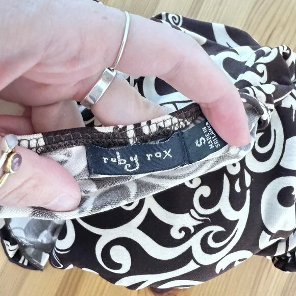 Y2K Ruby Rox Brown Floral Mini Dress Ruched Halter Fairy 90s Asymmetrical Hem S - Picture 7 of 10